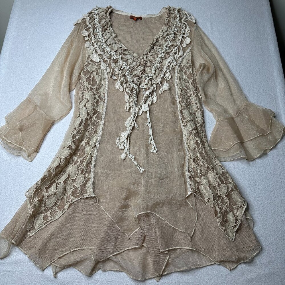 Scully Silk Womens Tunic Top Boho Flowy Sleeves Western Chic Beige Size Small